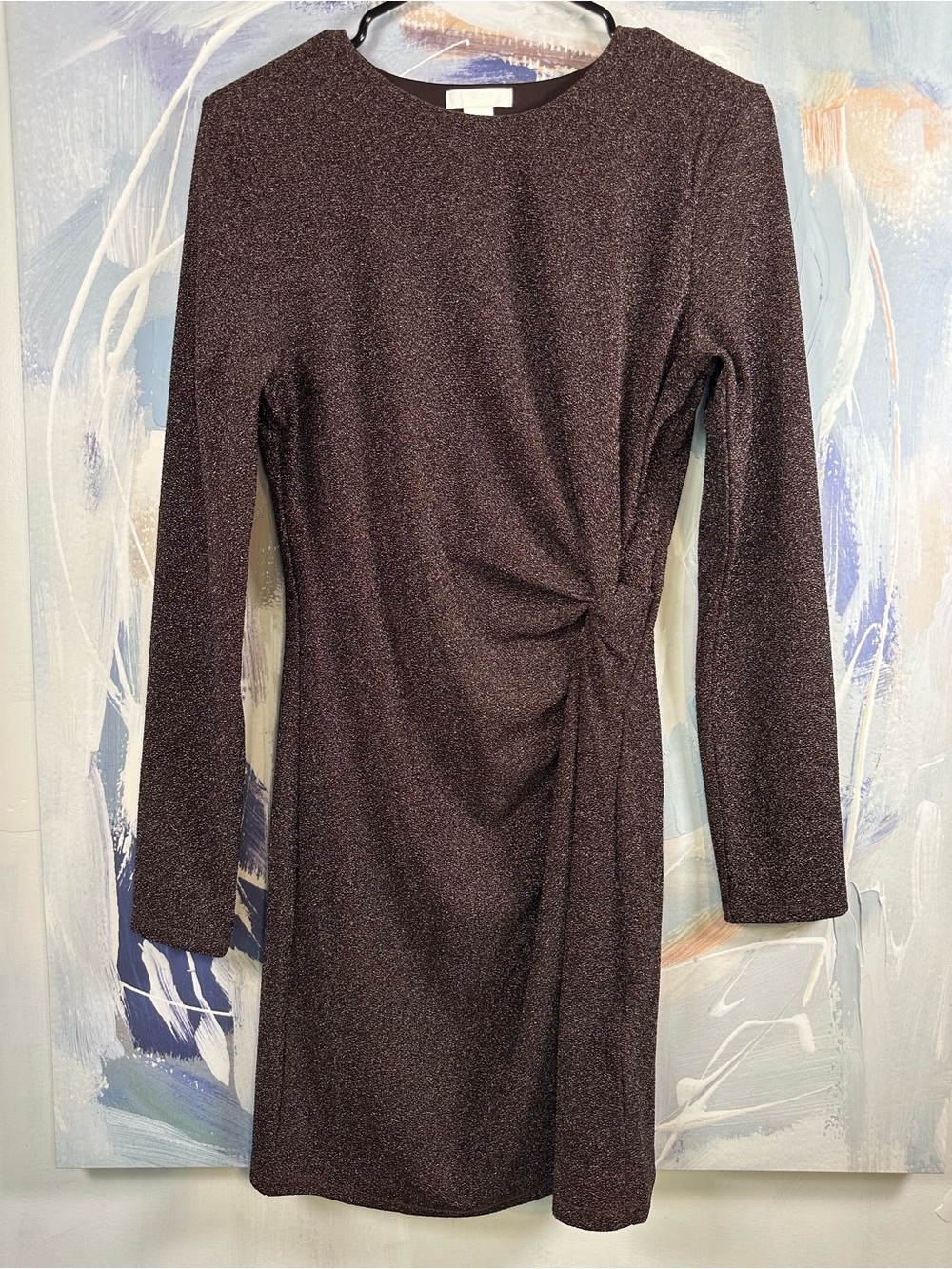 H&M Dark Brown Metallic Twist Front Mini Dress Long Sleeve Ruched Draped Medium